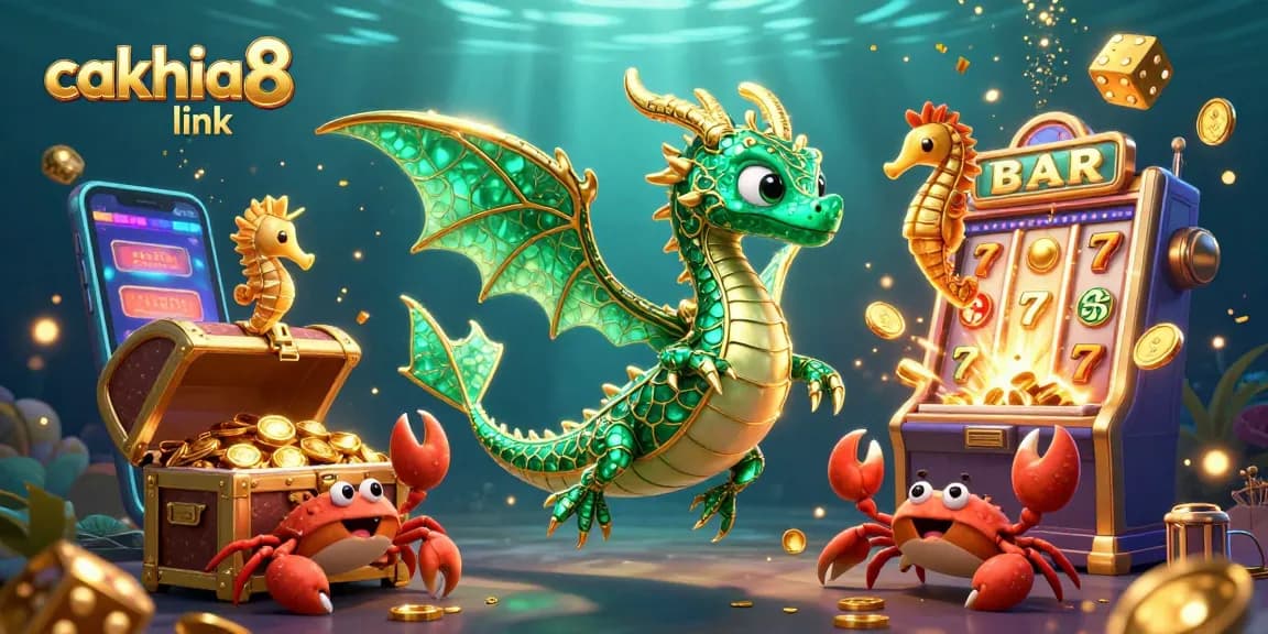 Experience the excitement of gambling at cakhia8 link with a vibrant underwater scene featuring a sea dragon, gold coins, and slot machines.