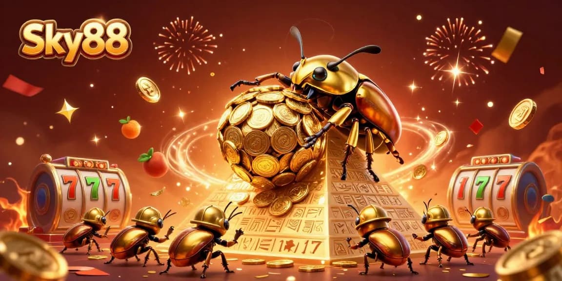 Spin to win at Sky88 with a thrilling 3D illustration of a golden beetle rolling coins in a dynamic casino scene.
