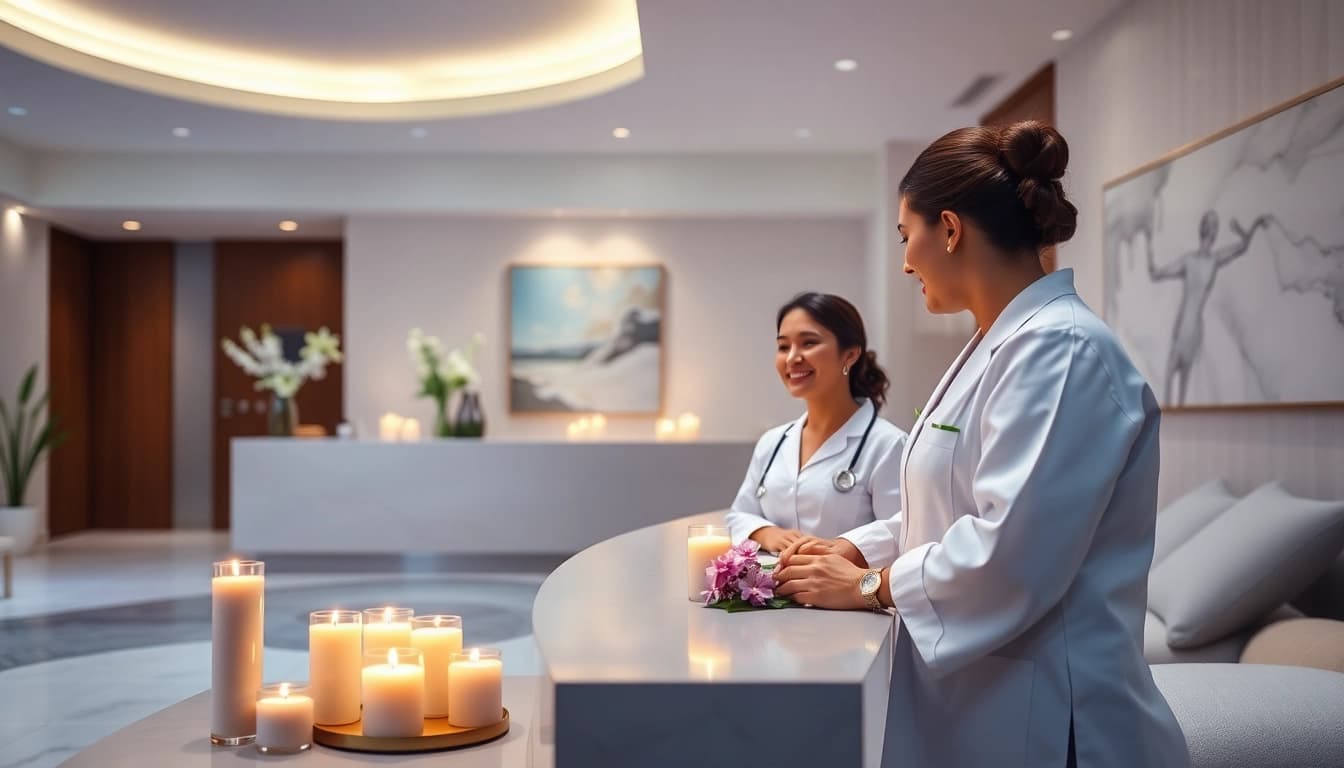 Spa Ads showcasing a serene reception area with soft lighting and elegant decor elements to attract wellness clients.