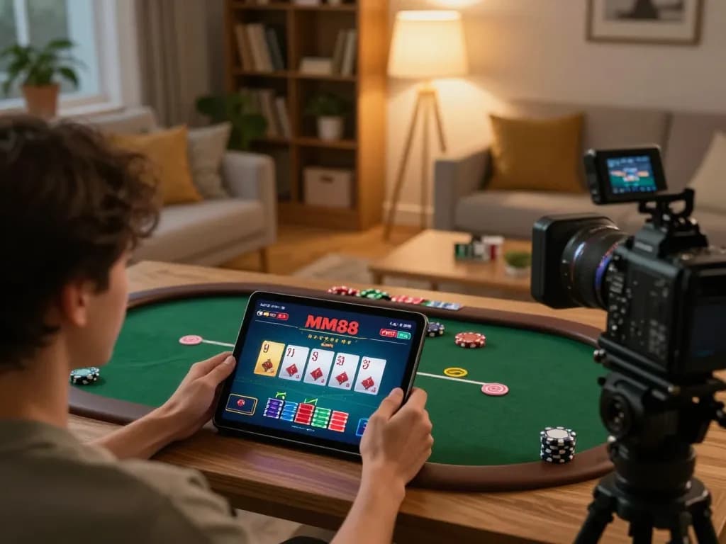 Player engaging with MM88 casino gaming app on tablet at home, showcasing a comfortable atmosphere