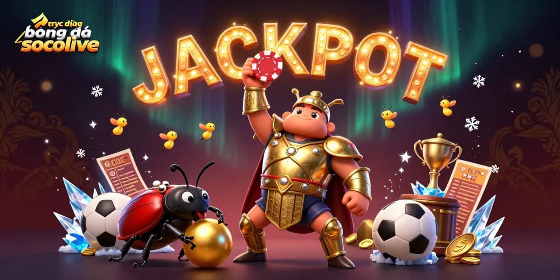 Experience trực tiếp bóng đá socolive with an energetic scene featuring winning beetles, trophies, and sports elements.