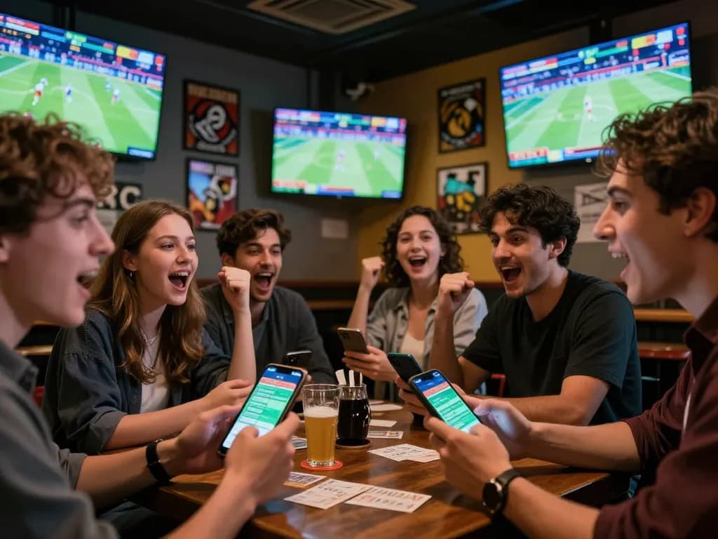 Friends celebrating sports bets at mm88.green in a vibrant bar environment showcasing live matches.