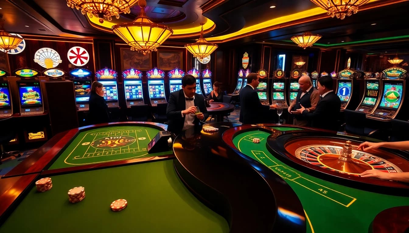 Engaging players strategically betting at the luxurious casino from https://88new.autos/ with active roulette wheels and vibrant slot machines.