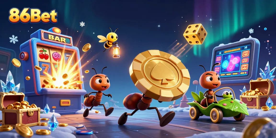 Engage in the excitement of 86Bet with dynamic ants heisting a golden poker chip amidst casino chaos.