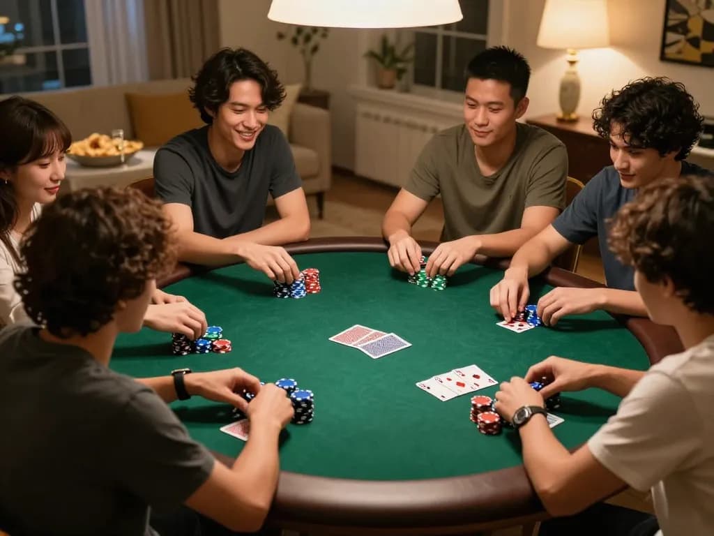 Friends playing poker with F168 chips stacked in a cozy home setting, showcasing a lively gaming atmosphere.