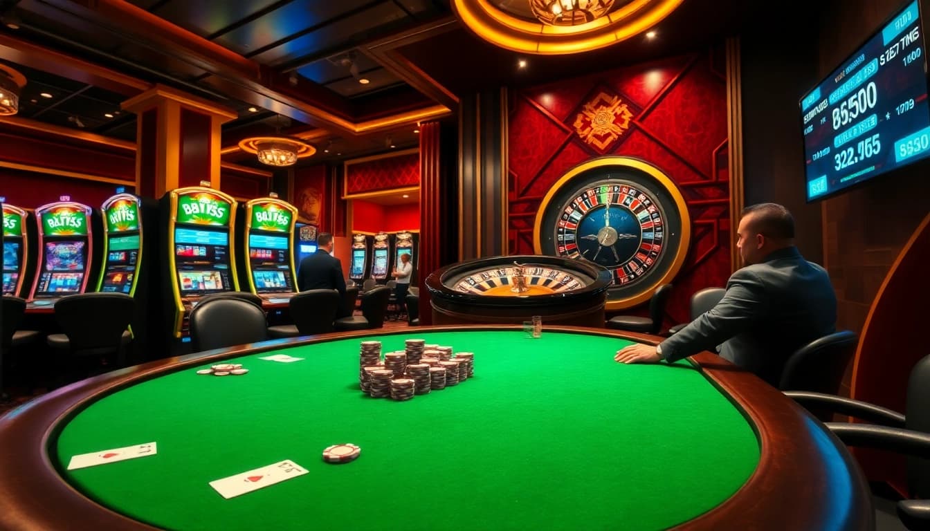 Players enjoying a high-stakes game at BL555 casino, with vibrant slot machines and a roulette wheel in the background.