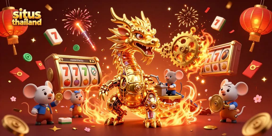 Play engaging slots at situs thailand with a golden dragon and festive decorations.