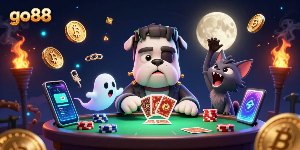 Experience thrilling games at go88 with the Frankenstein bulldog dealer and playful ghost mouse.