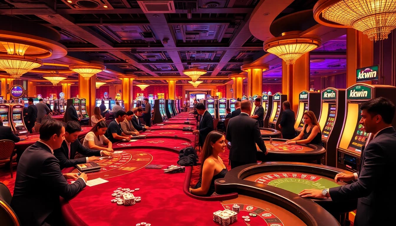 Players enjoying various games at kkwin's luxurious casino, featuring vibrant tables and slot machines.