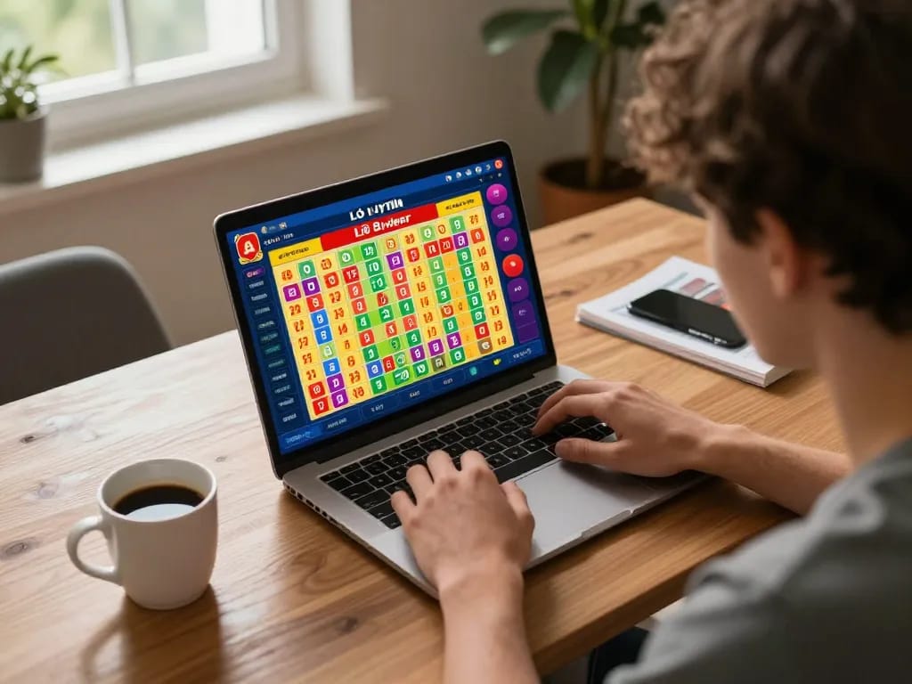 Lô Đề Uy Tín gaming on a laptop with betting scenarios in cozy home office