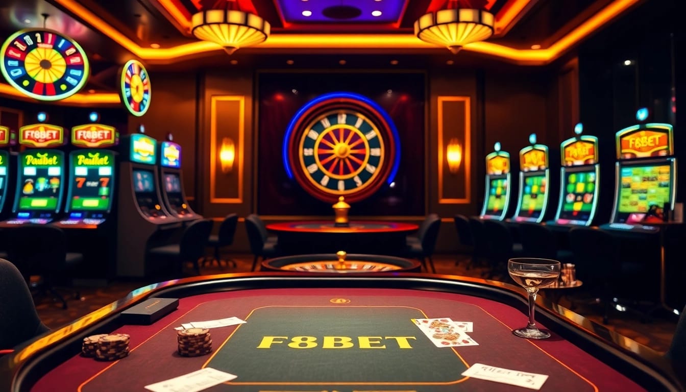 Experience the thrill of F8BET with a luxurious casino setting featuring blackjack, roulette, and slot machines.