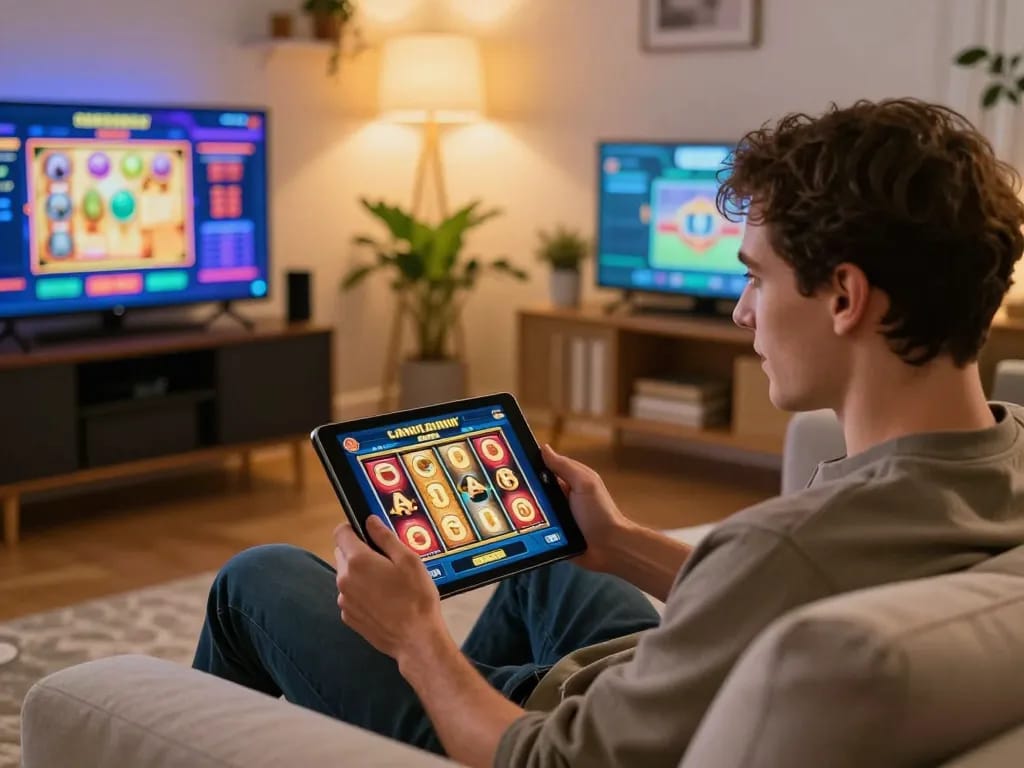 Permainan yang menarik pada tablet link slot di lingkungan rumah yang nyaman, menampilkan suasana permainan yang dinamis.