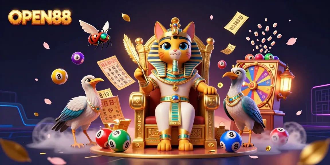 OPEN88 offers thrilling lottery games in a vibrant 3D illustrated casino scene filled with excitement and dynamic elements.