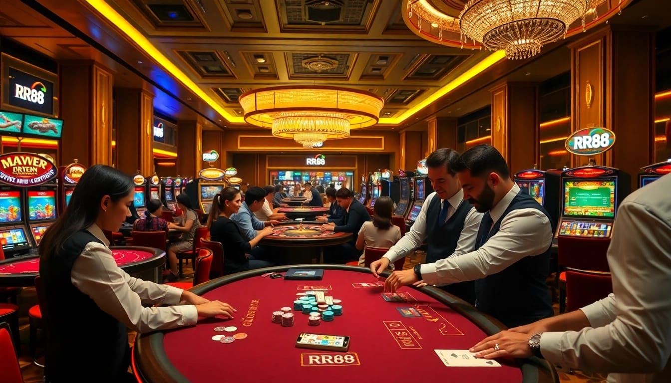 RR88 logo prominently displayed in an elegant casino atmosphere with excited gamblers playing games.