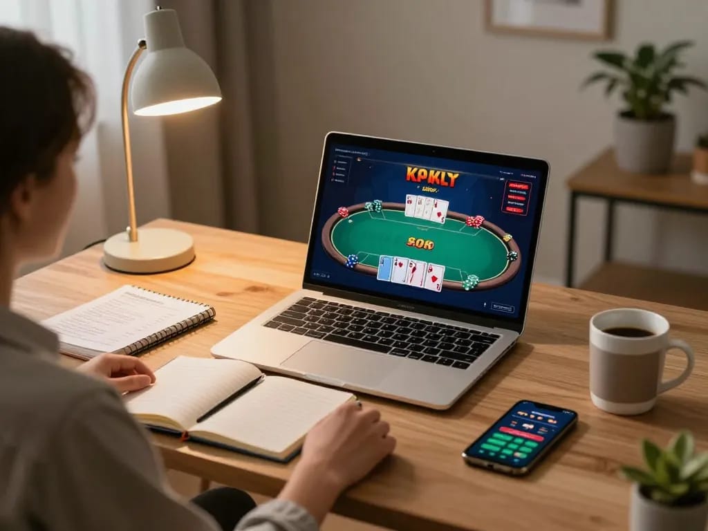 GO8 user engages in online poker strategy from a stylish home setup, enhancing gaming experience.