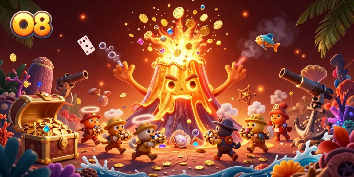 Spin and win with O8 in this lively casino-themed 3D illustration filled with treasure and excitement.