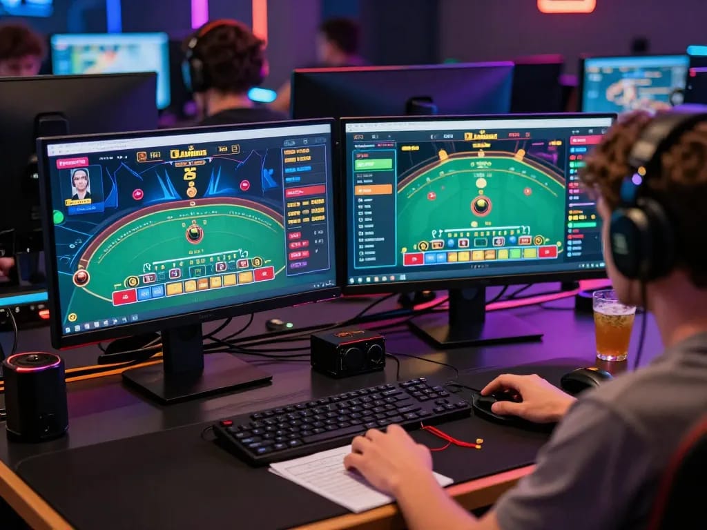 Luck8 player engaging in live dealer blackjack at a professional online gaming setup with multiple screens.