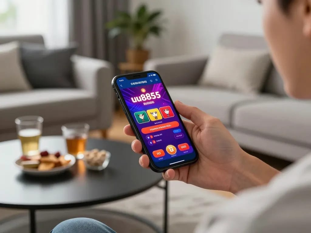 Player enjoying the uu8855 casino app on smartphone at home, showcasing sleek design and vibrant gameplay.