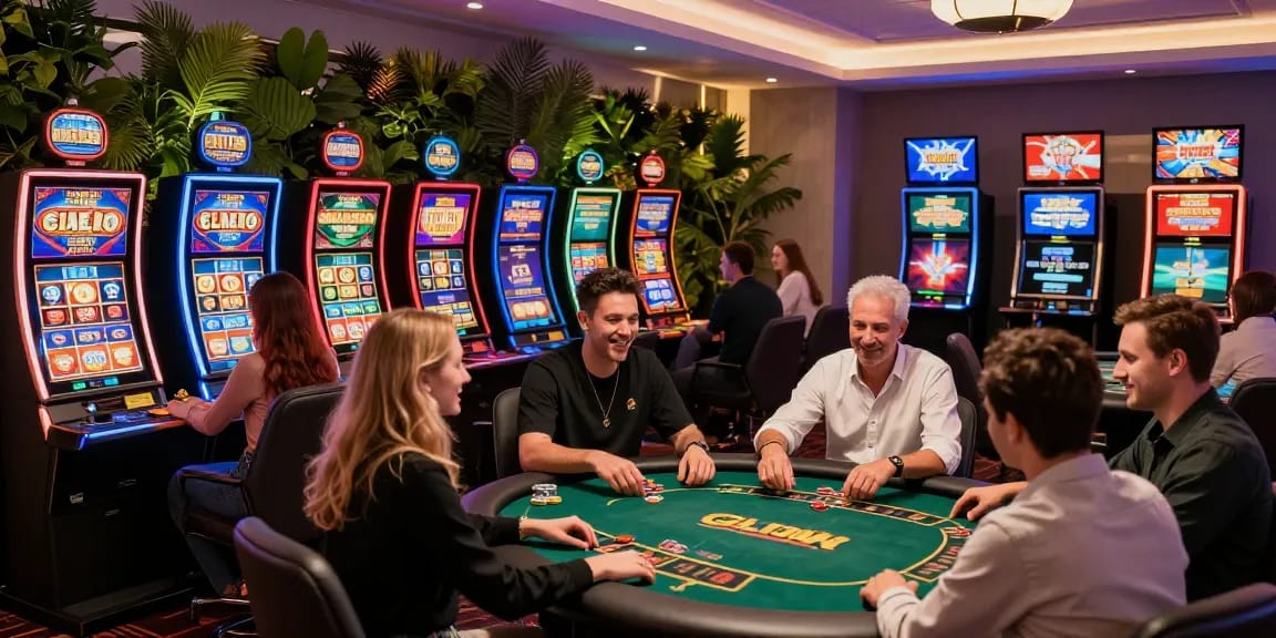 Excited players enjoying diverse games at non UK casinos, showcasing vibrant atmosphere and thrilling gameplay.