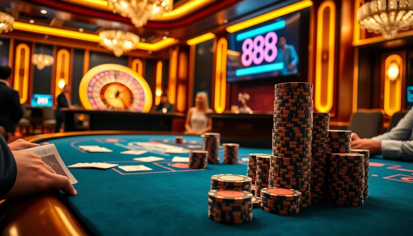 Experience the thrill of gaming with 888P at a luxurious casino table filled with action.