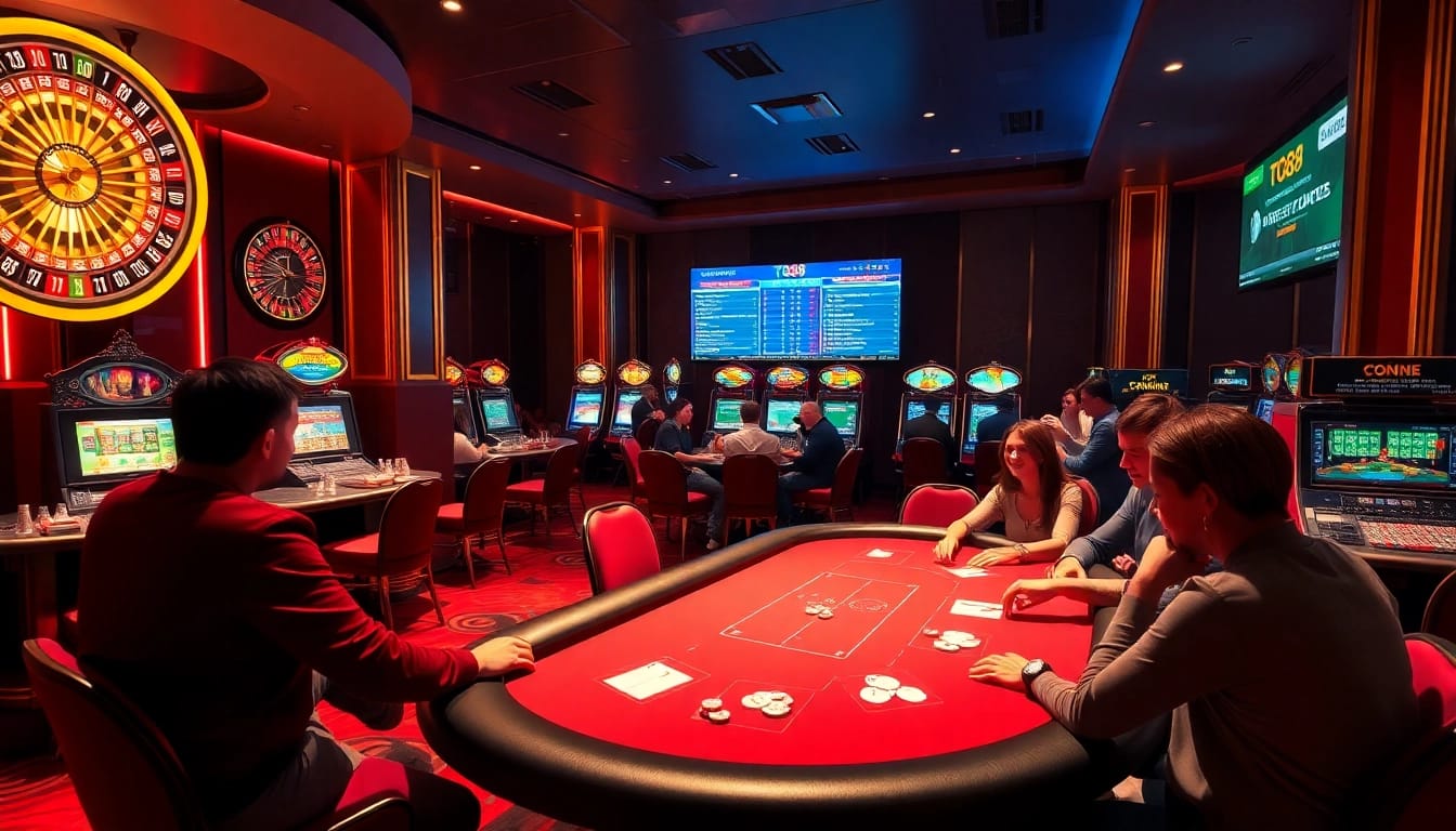 Engaging in exciting gambling action at tg88 casino with roulette, cards, and joyful players.