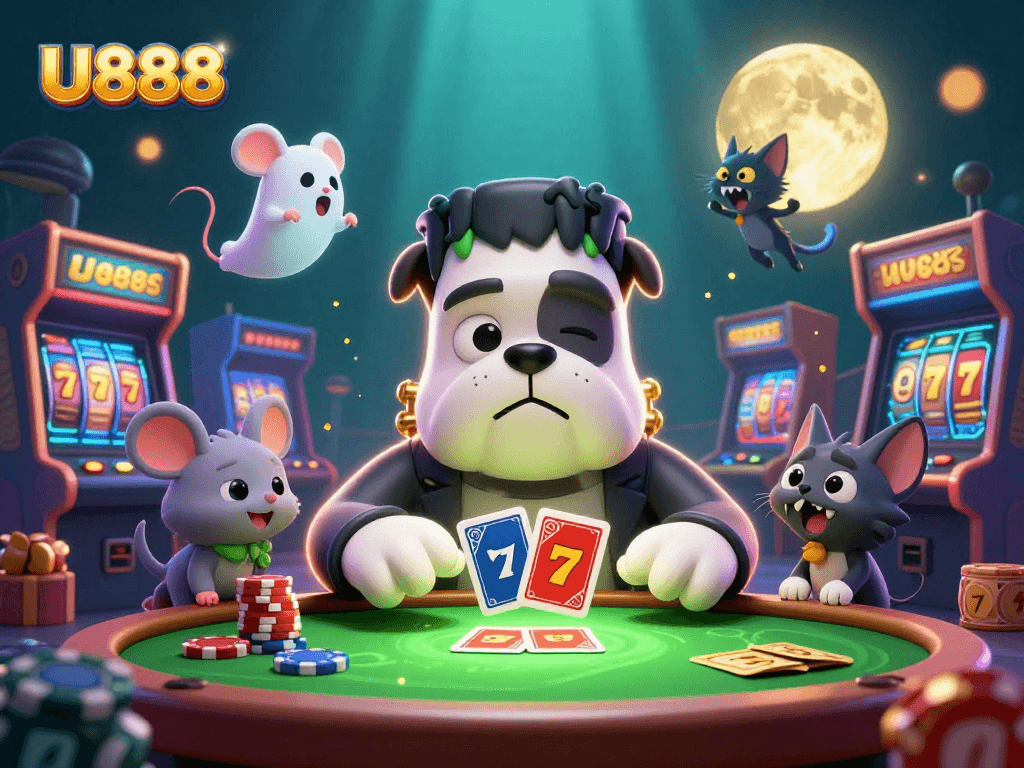 Experience thrilling gameplay at U888 with colorful casino elements featuring a monster dealing cards.