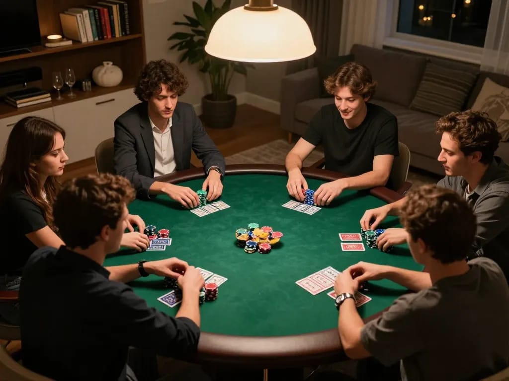 Friends enjoying a poker night at home with 888b, showcasing chips and cards on a green felt table.