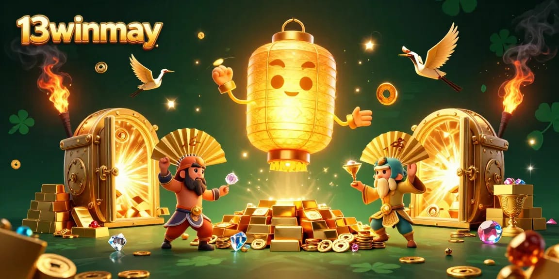 Play and win big at 13winmay with this vibrant illustration of a golden lantern spirit in a dynamic casino scene.