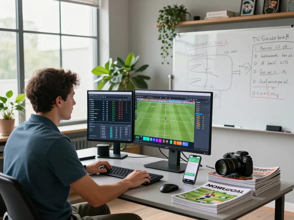 Football analyst using NOWGOAL for live scores and betting insights in a bright office setting.