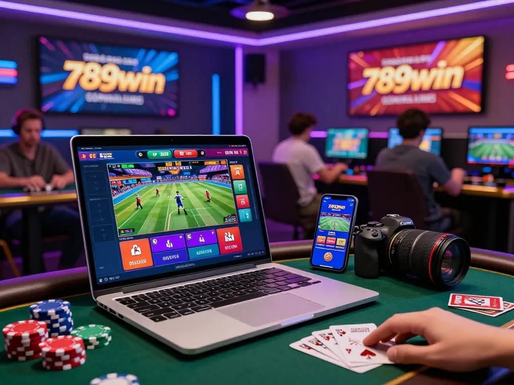 Exciting online gaming environment showcasing 789win sports betting on laptop and smartphone amidst vibrant gaming paraphernalia.