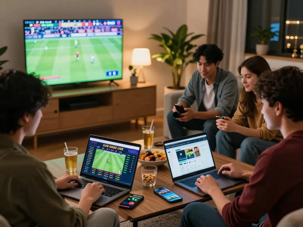 Group of friends enjoying online betting at UU88 in a lively living room.