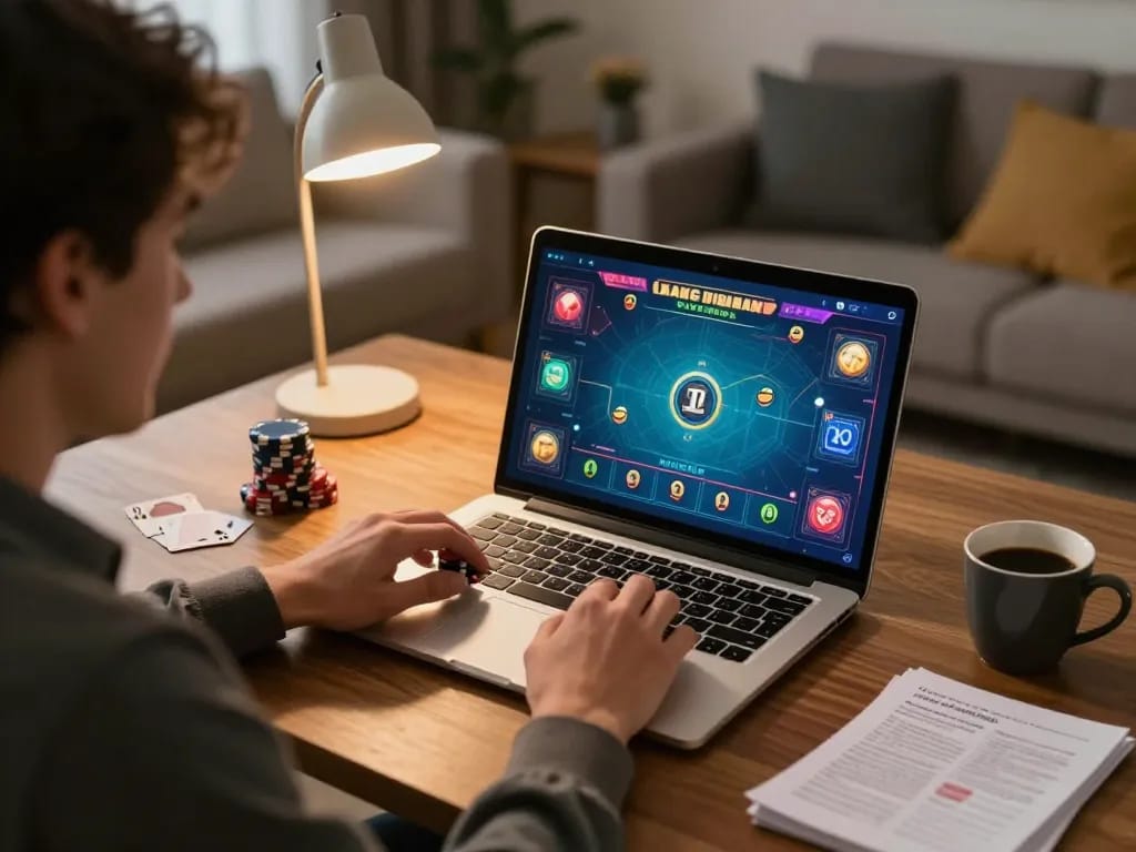 Player enjoying FLY88 poker game on laptop at home, showcasing strategic online gambling.