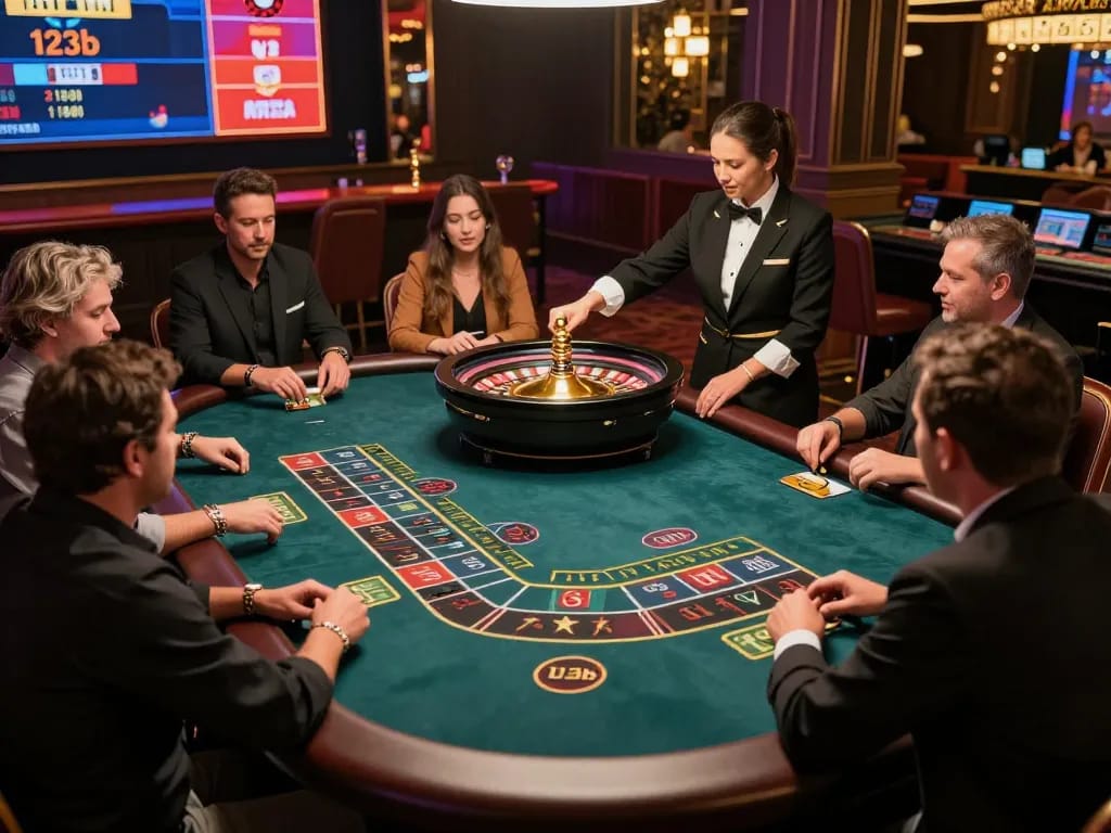 Players engaging with the live dealer at 123b casino roulette table in an exciting atmosphere.