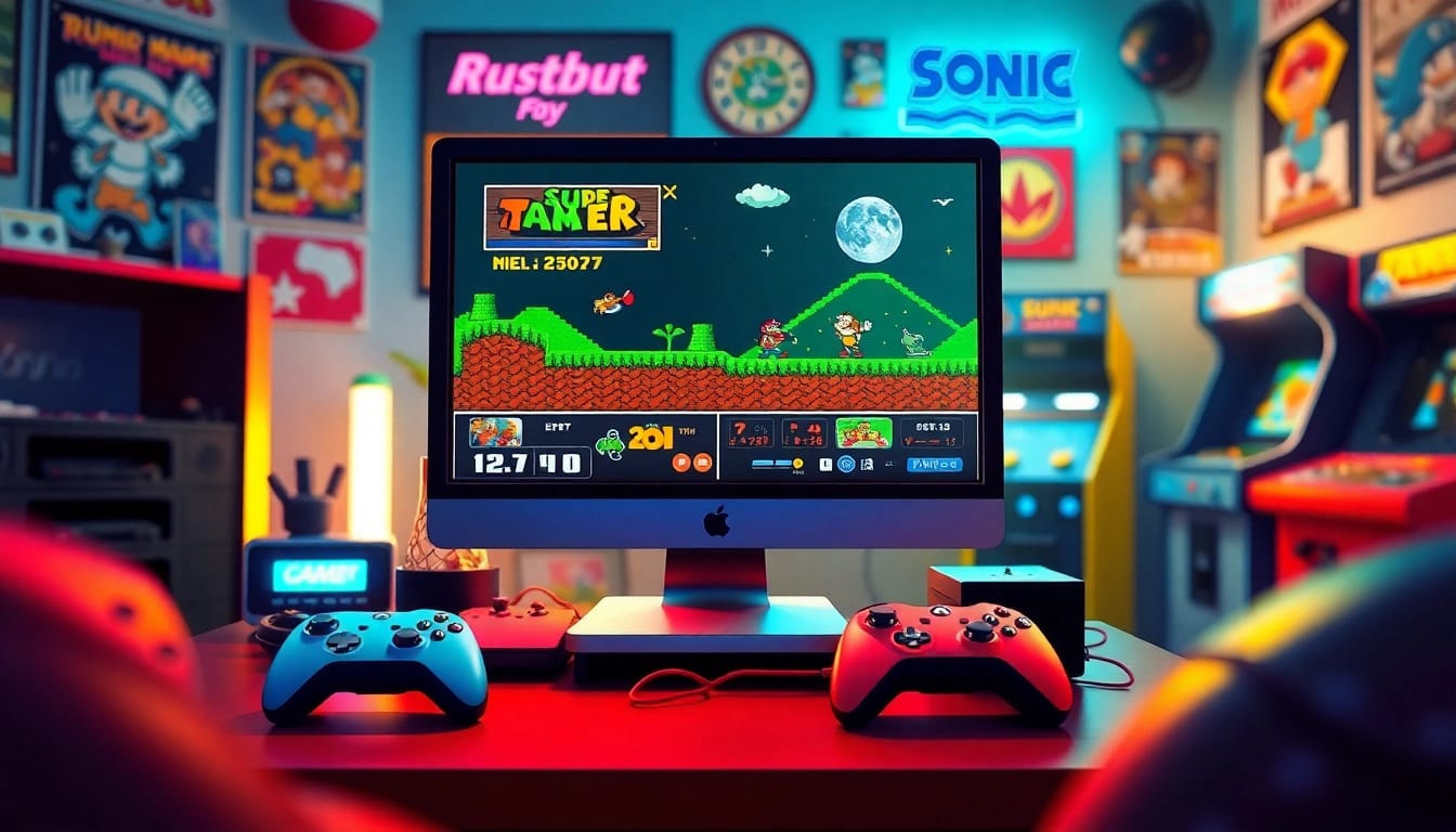 Experience emulator online retro gaming with vibrant gaming memorabilia and iconic characters.