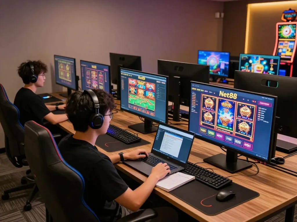 Player engaged in online casino gaming with Net88 interface on multiple screens in a modern setup