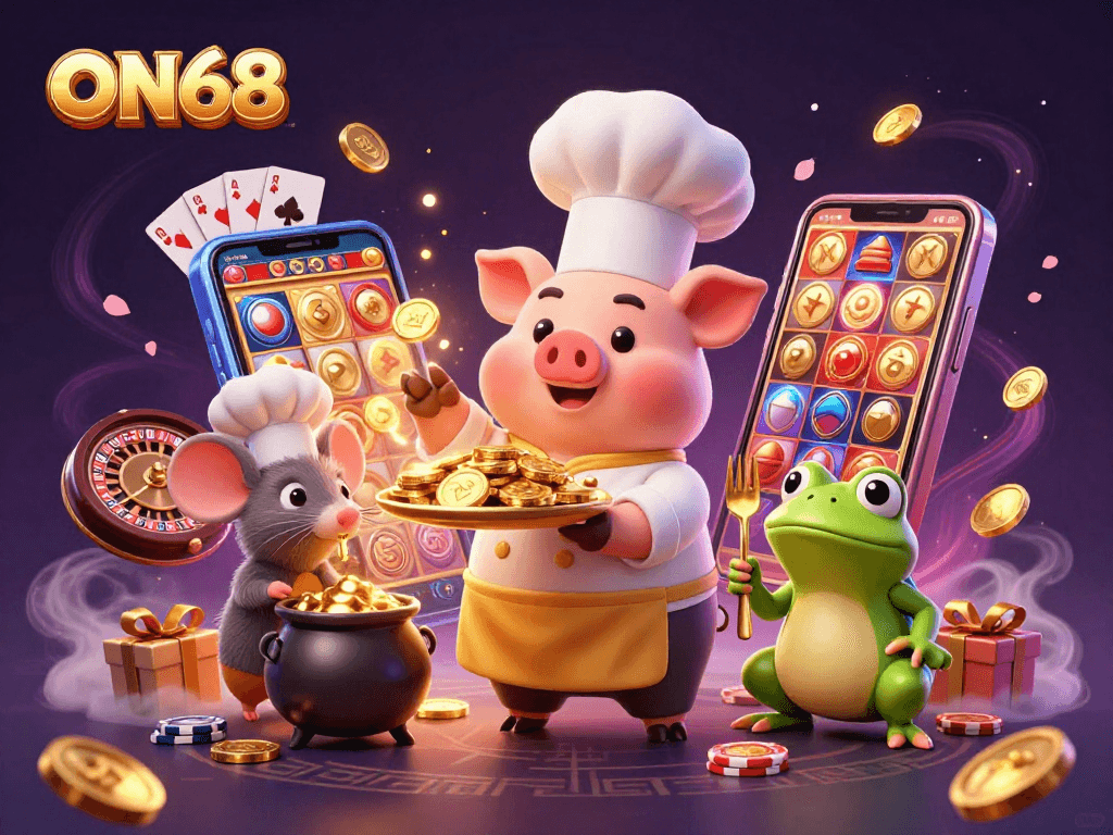 Experience the thrill of ON68 with our vibrant chef and characters in a lively casino scene.