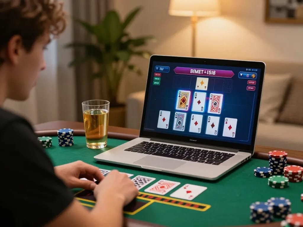 Player enjoying live dealer blackjack on windd gaming platform in a cozy home setting.