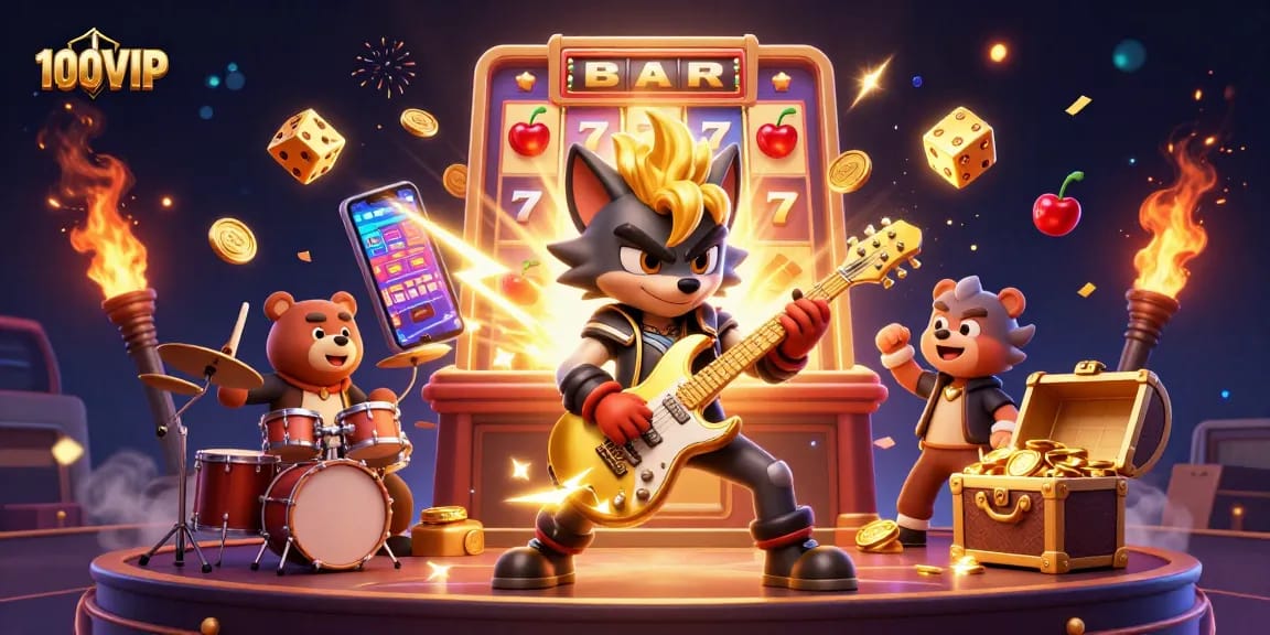 100VIP gaming scene with a rock star wolf and drummer bear celebrating massive slot wins