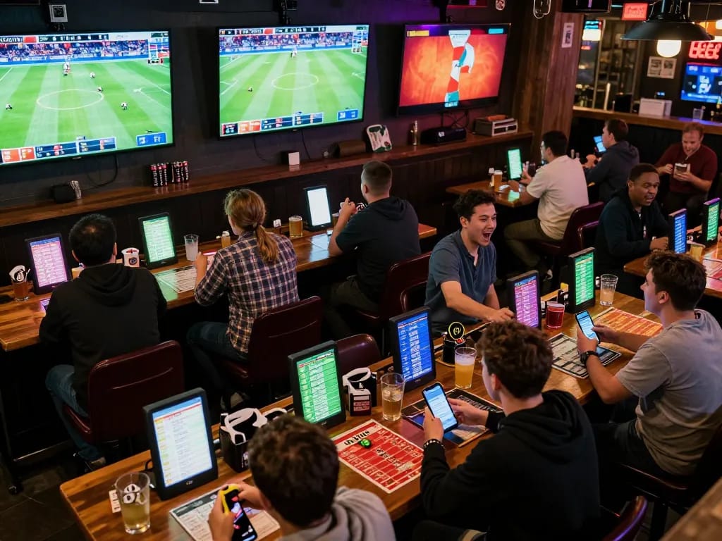 Engaging sports fans using Nhận định kèo for live betting insights at a vibrant sports bar.