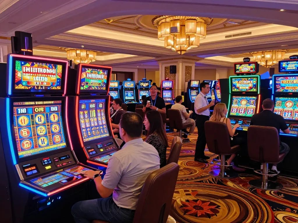 Engaging players at https://go8.agency/ enjoying vibrant slot machines in a lively casino atmosphere.