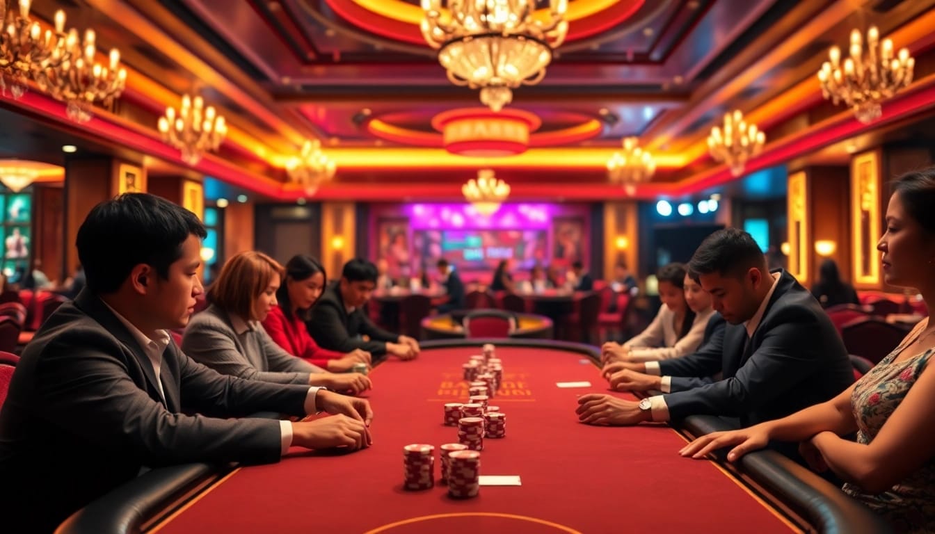 Engage with high-stakes gameplay at a luxurious casino featuring dh88 themed poker tables and chips.