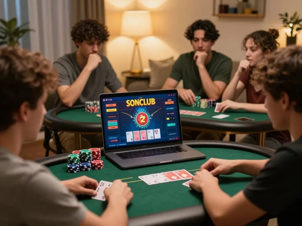 Players strategizing their next move in an online poker game on Sonclub, emphasizing engagement and excitement.