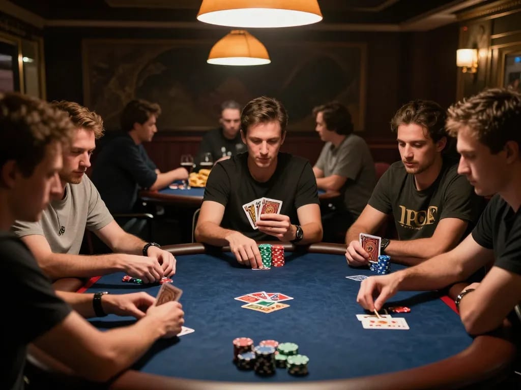 Players engaged in an intense poker game at home, showcasing competitive strategy in a friendly atmosphere with km777.