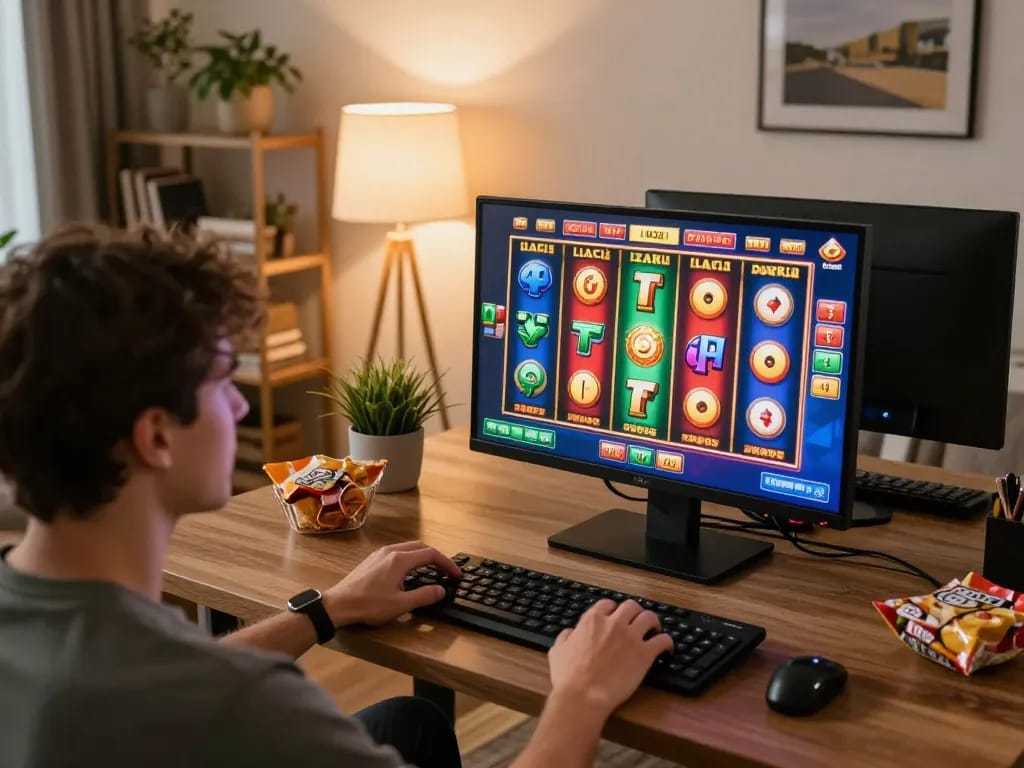 FLY 88 player engaged in exciting online slot gaming in a comfortable home setting.