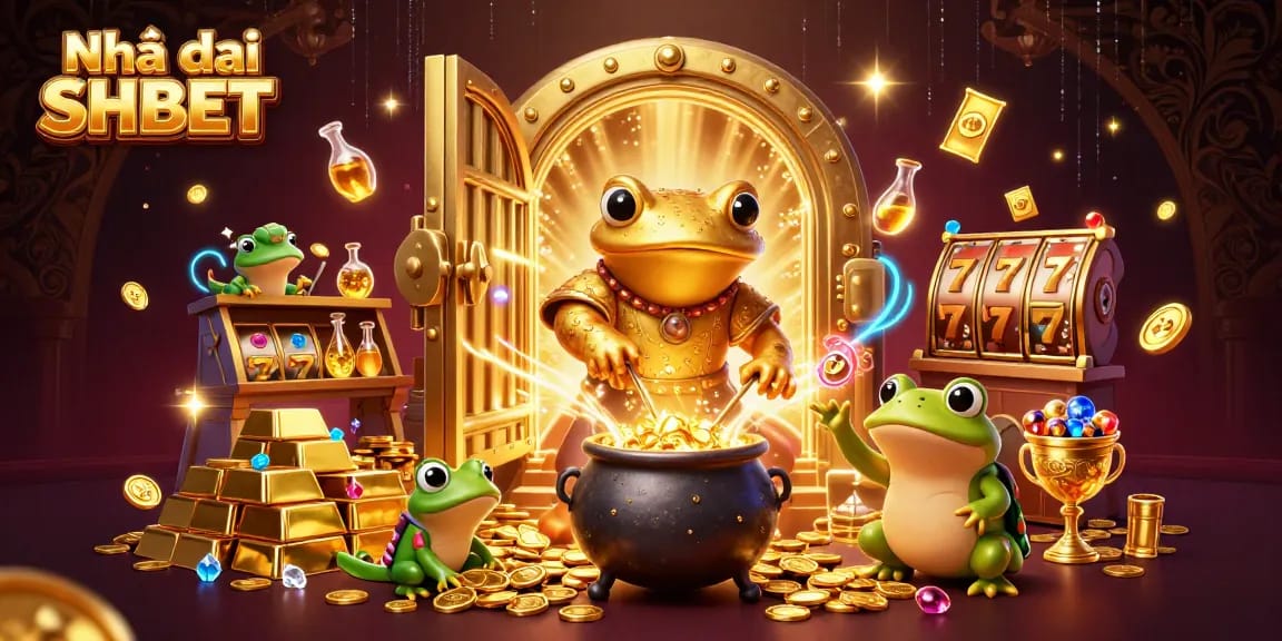 Experience the thrill of Nhà cái SHBET with dynamic golden coins and exciting slot symbols bursting everywhere.