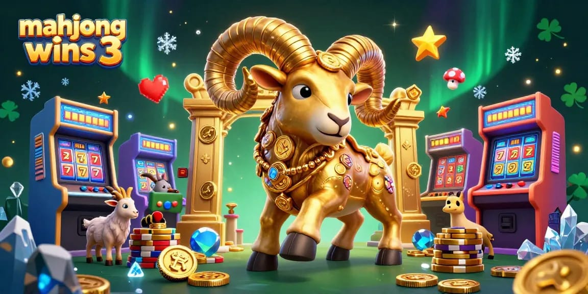 Experience exciting mahjong wins 3 with golden ram charging through a casino jackpot scene.