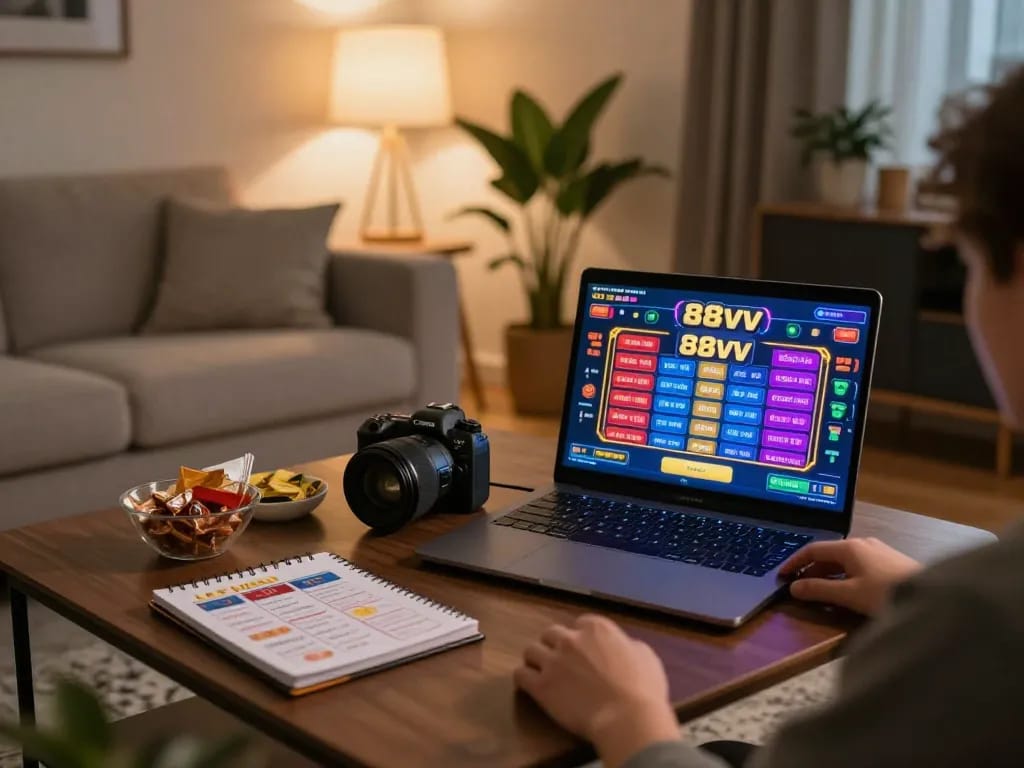 Player engaging with 88vv online casino on laptop in cozy living room setting.