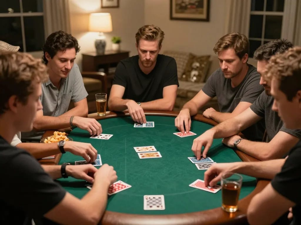 Engaged friends playing poker at home, showcasing TR88 gaming strategy and camaraderie.