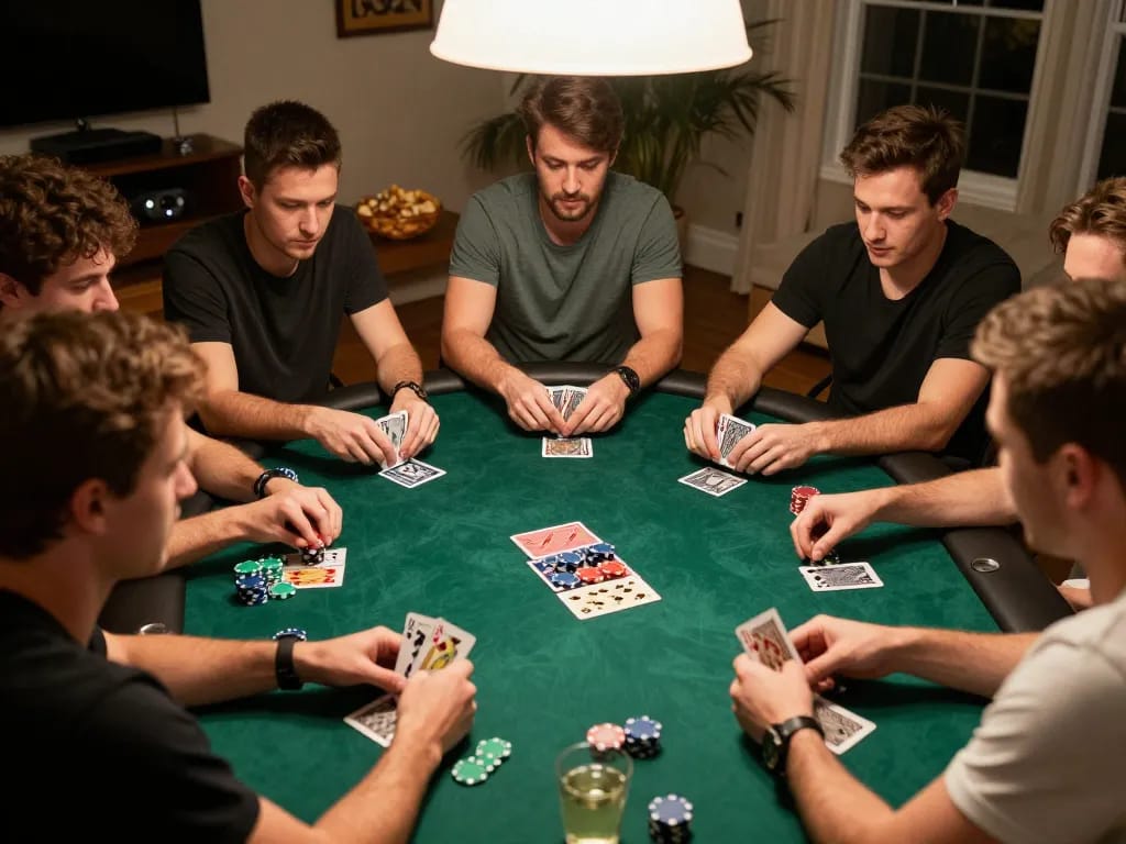 Players strategizing at a poker table in a cozy home setting featuring TR88 chips and cards.