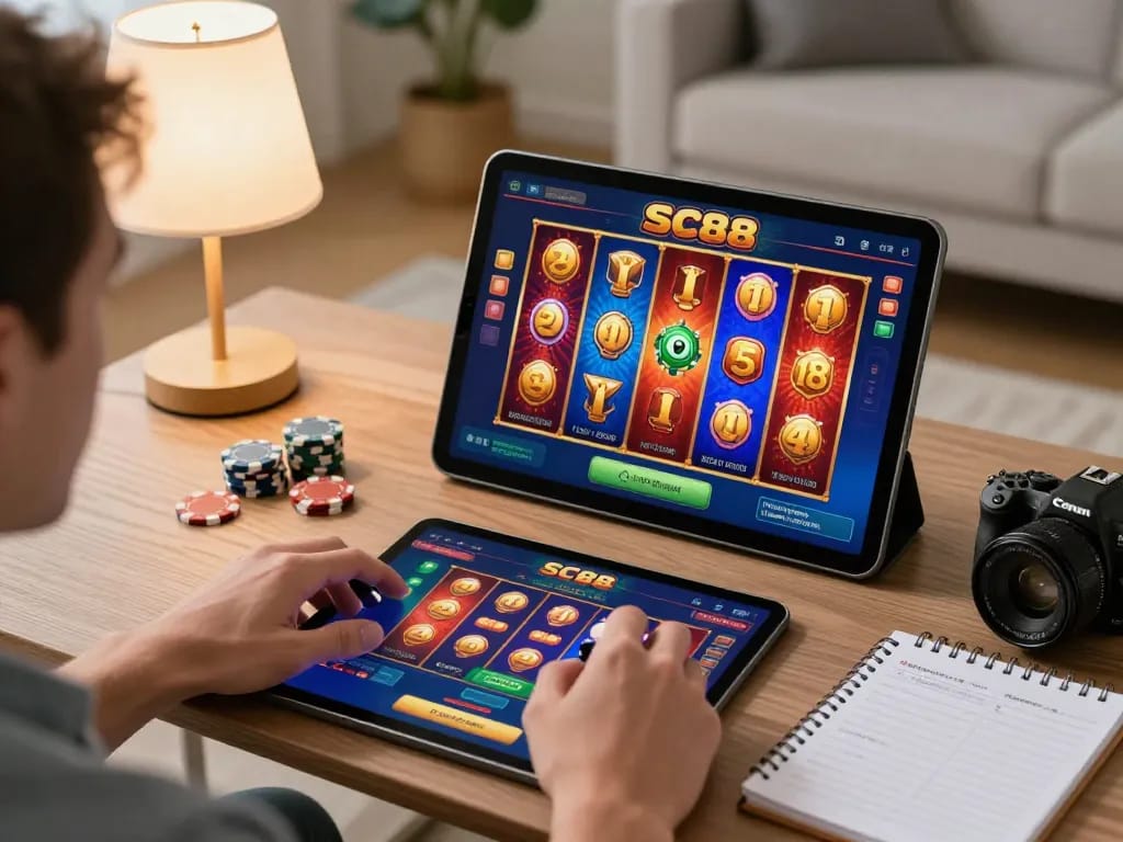 SC88 app displayed on tablet screen showing vibrant slot game while player engages in online gambling.